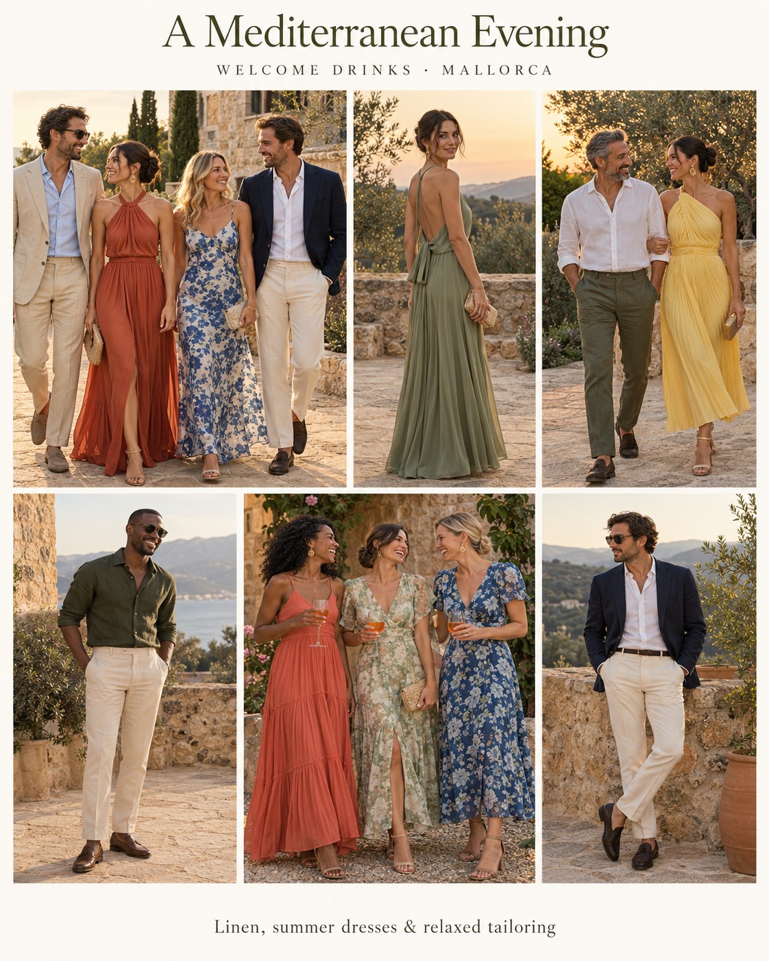 Welcome drinks outfit inspiration: linen shirts, relaxed blazers, tailored trousers and flowing summer dresses in Mediterranean colours