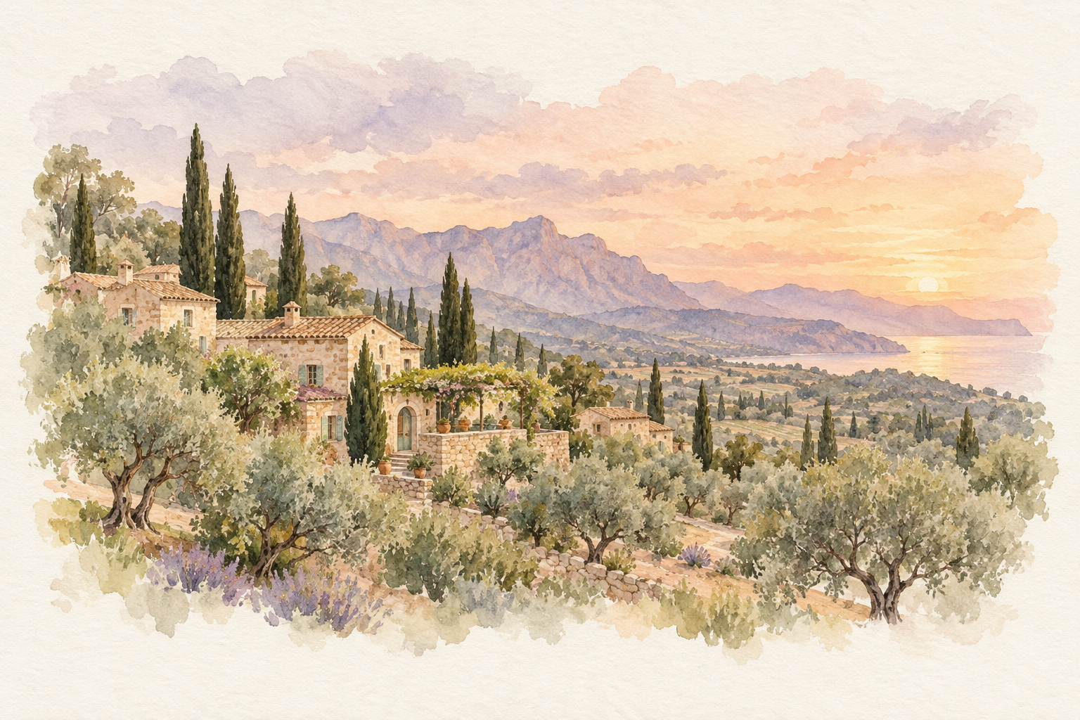 Watercolor of an imagined Mallorcan landscape with olive trees, stone houses and a pastel sunset